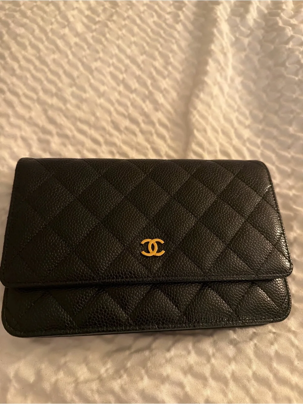 CHANEL Black Quilted Caviar Leather Wallet on Chain with Gold CC